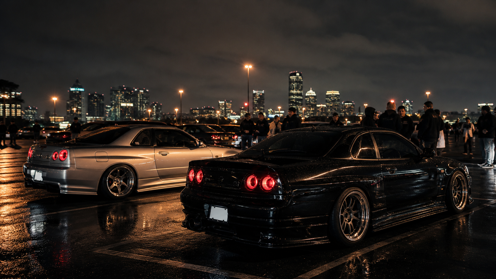 New Jersey night car meet with modified cars and city lights